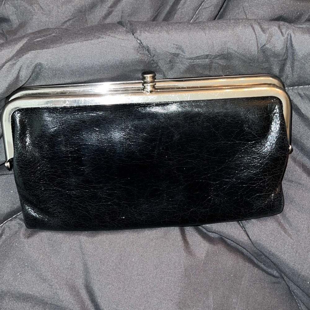 Hobo International Black Leather Clutch Wallet with Silver Double Kiss Lock
